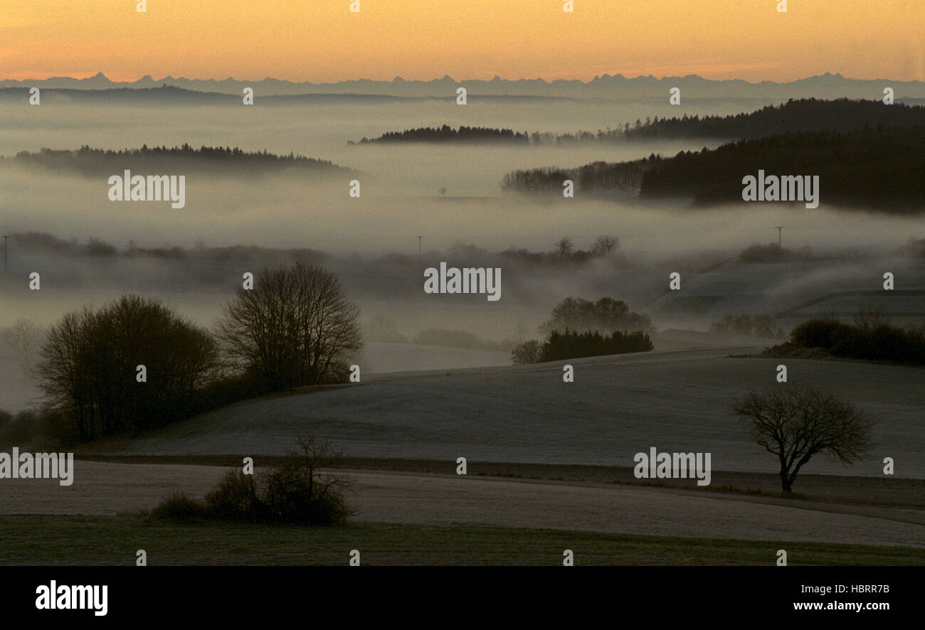 Morgenstimmung auf der Schwaebischen Alb Stock Photo