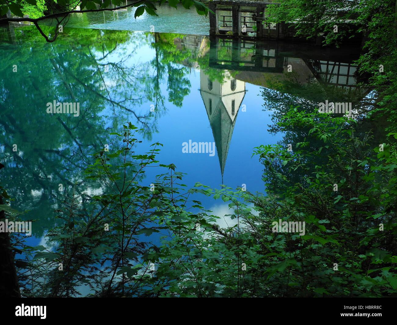 Blautopf-Klosterkirche spiegelt sich im Wasser Stock Photo