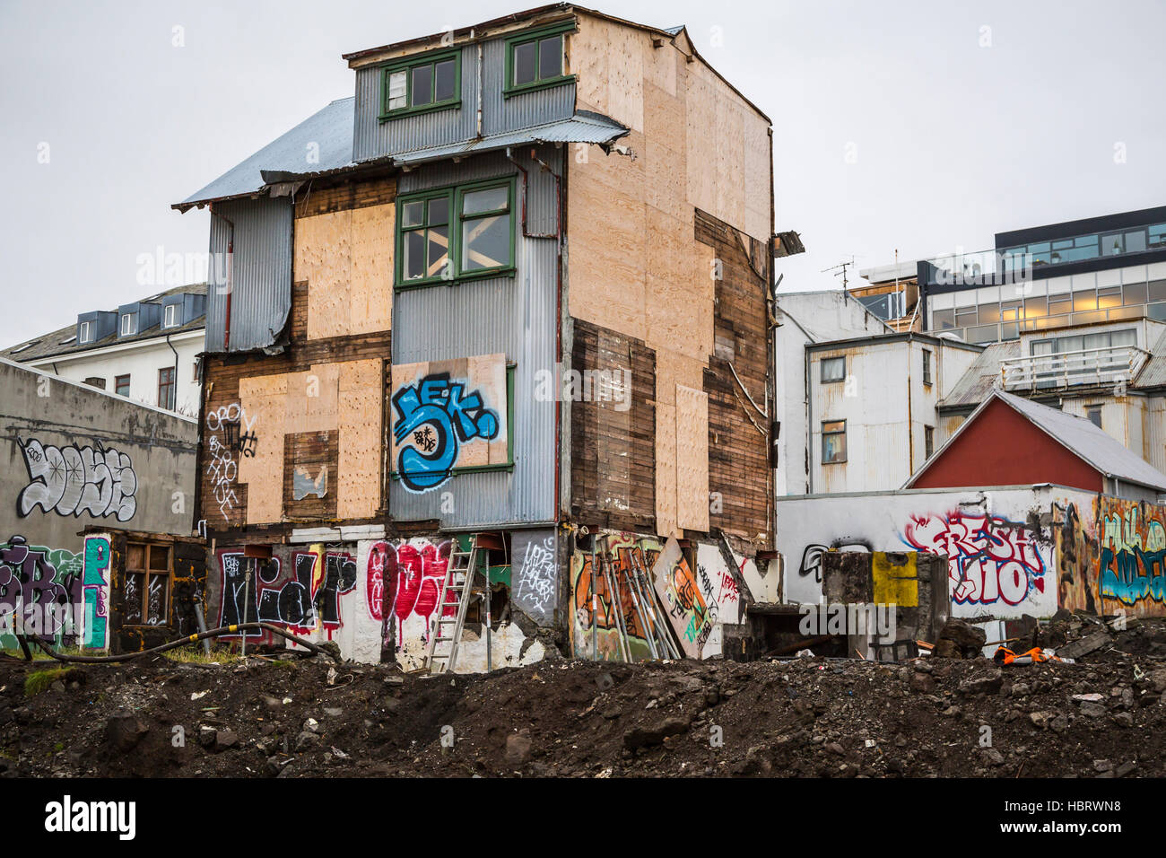 Buildings with street art graffiti in downtown Reykjavik, Iceland, Europe. Stock Photo