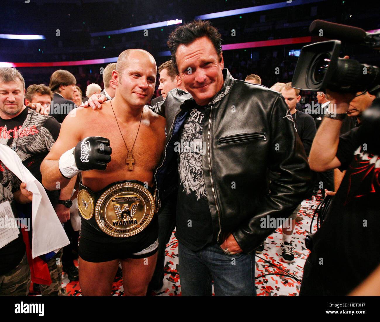 Fedor Emelianenko poses with actor Michael Madsen in the ring after defeating Tim Sylvia at Affliction's 'Banned', a mixed martial arts fight at the Honda Center on July 19, 2008 in Anaheim, California. Francis Specker Stock Photo