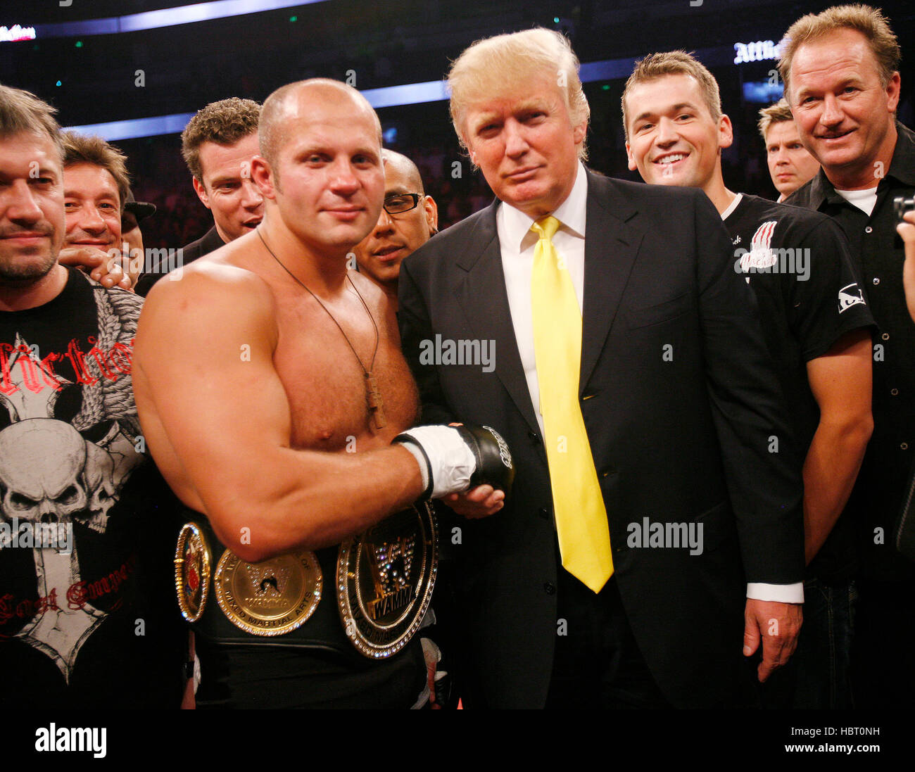 Fedor Emelianenko poses with Donald Trump in the ring after defeating Tim  Sylvia at Affliction's "Banned", a mixed martial arts fight at the Honda  Center on July 19, 2008 in Anaheim, California.