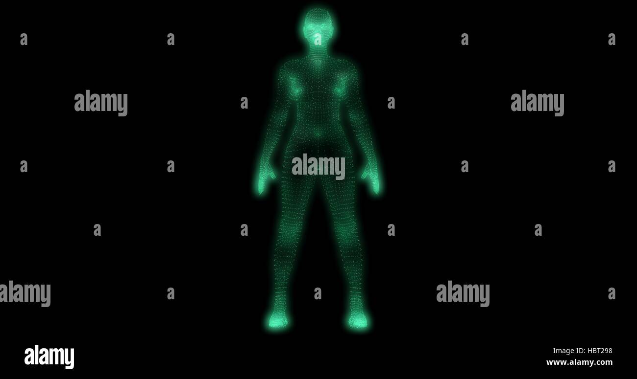 Woman's body formed by glowing green particles and cubes. 3d render Stock Photo