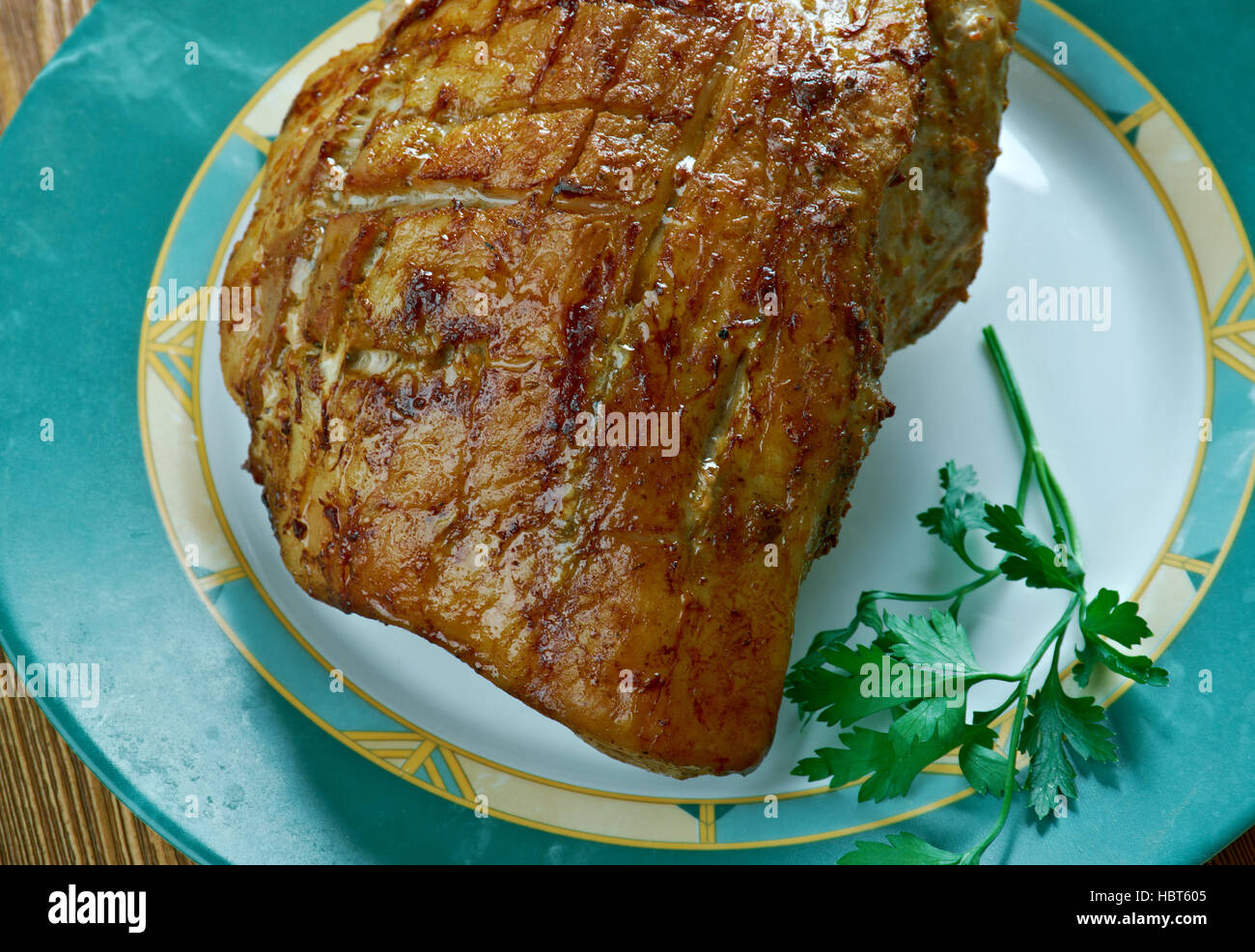 Flaeskesteg Danish Roast Pork with Crackling for Christmas.Danish cuisine Stock Photo