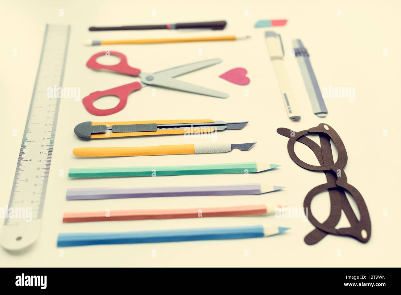 Pen Color Pencil Scissor Eraser Ruler Eyeglasses Concept Stock Photo ...