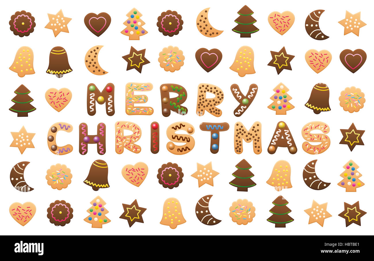 MERRY CHRISTMAS - written among christmas cookies and gingerbread cookies. Stock Photo