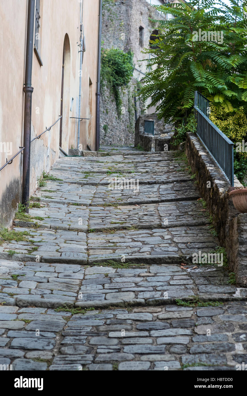 Cobbled streets of old Barga. The medieval hilltop town of Barga, in Tuscany, Italy. Stock Photo