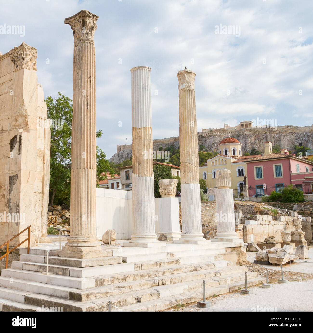 Hadrian's Library and the Acropolis of Athens in the background in Greece Stock Photo