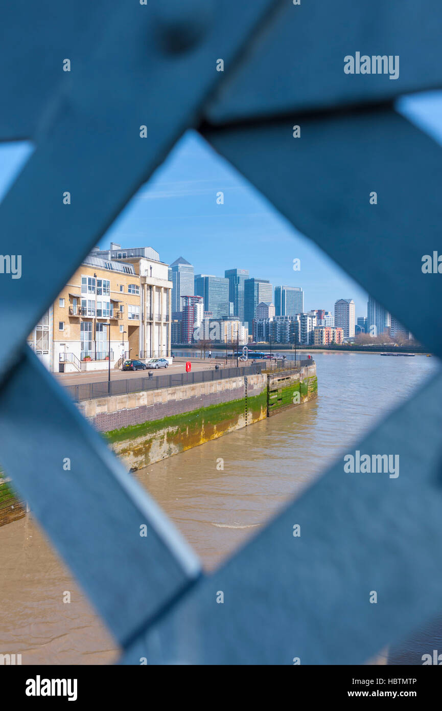 Looking at Canary Wharf development from Rotherhithe, London Docklands. Stock Photo