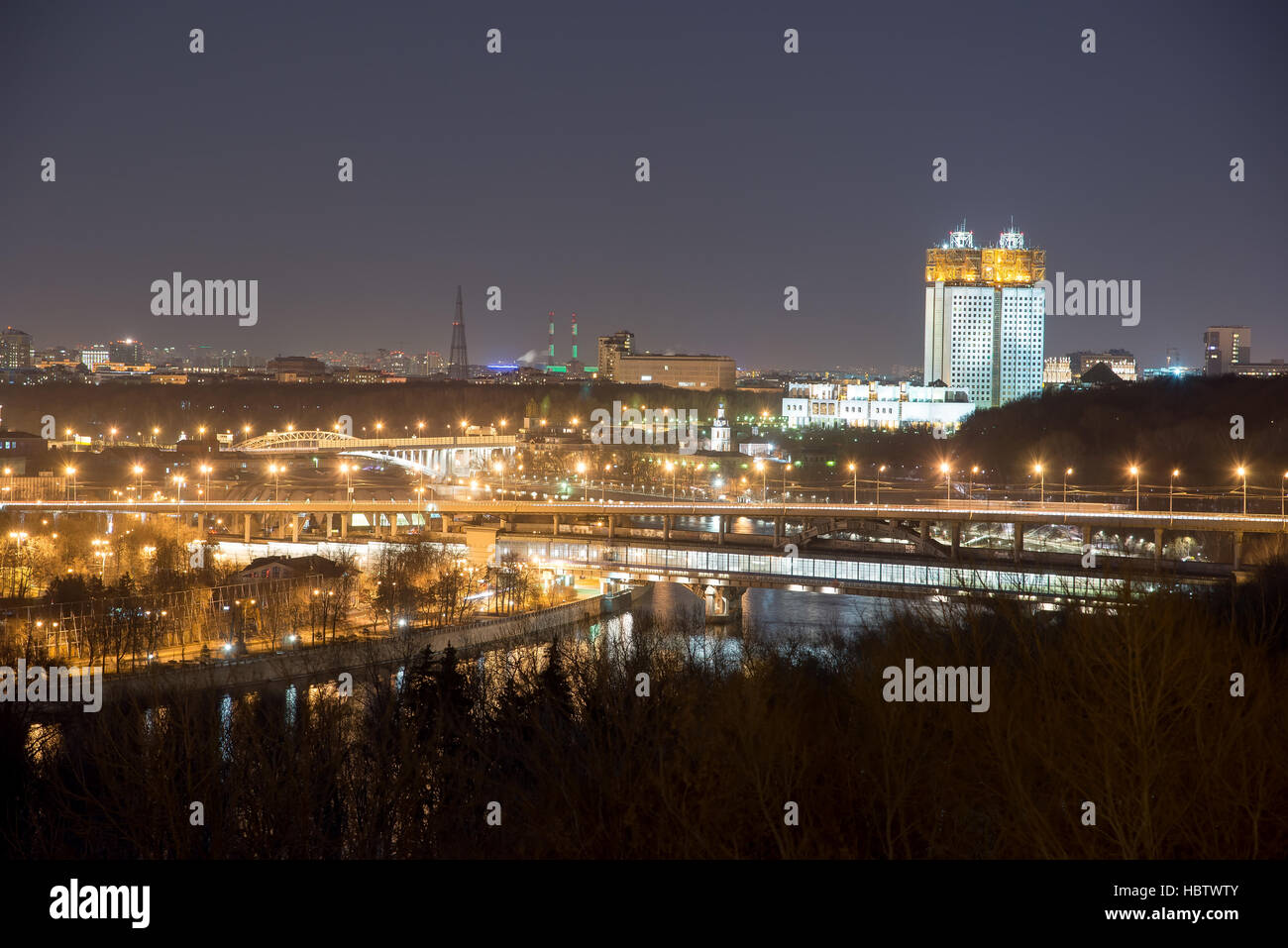 Moscow skyline. Russian academy of sciences at night. Golden Brain. View from the observation platform on the Sparrow Hills. Moscow, Russia. Stock Photo