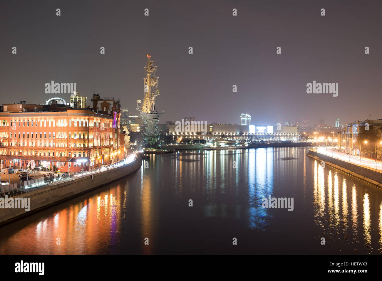 Moscow river at night and monument to Peter the Great. Moscow, Russia. Stock Photo