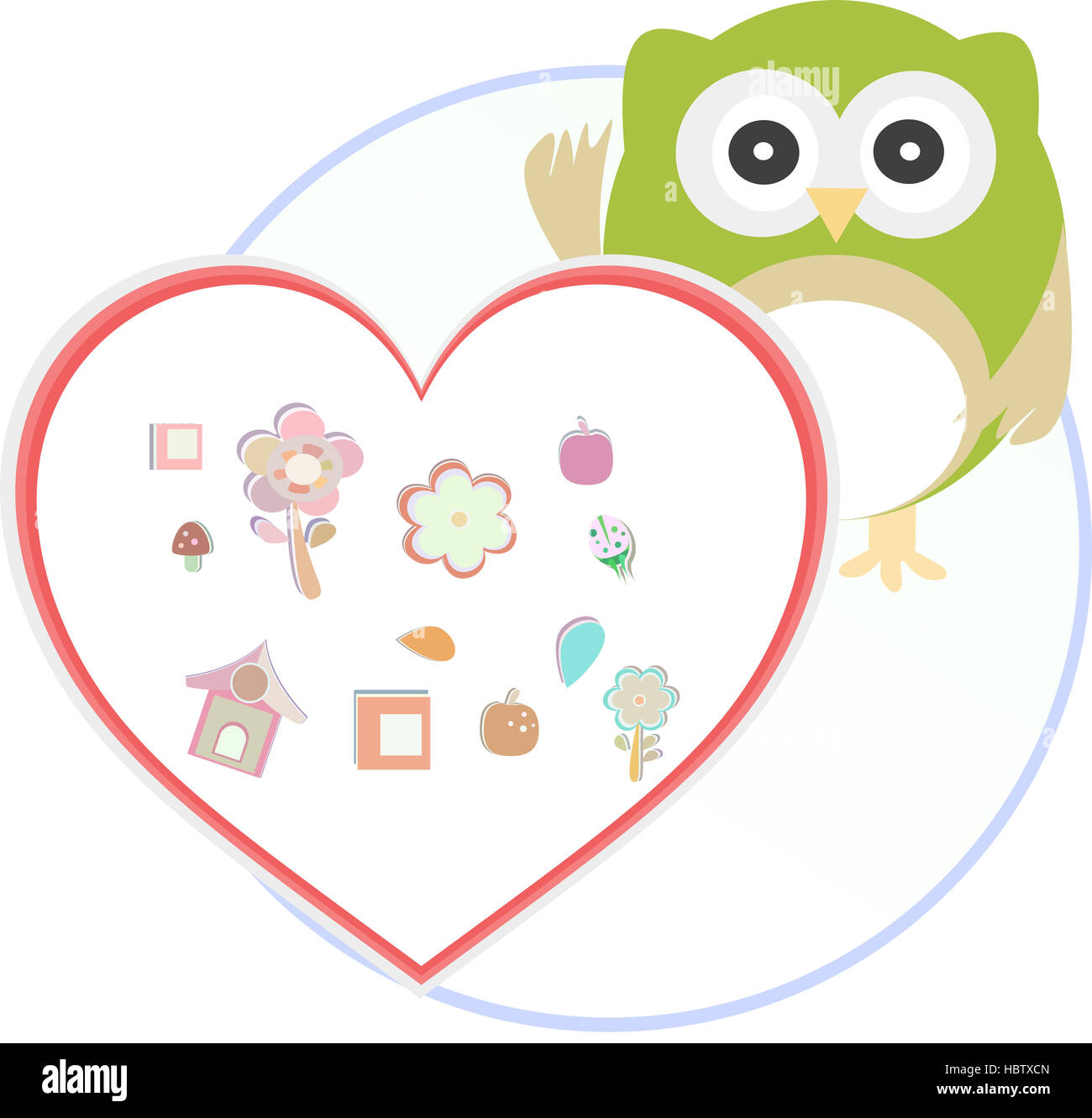 Cute funny owl with love heart. Stock Photo