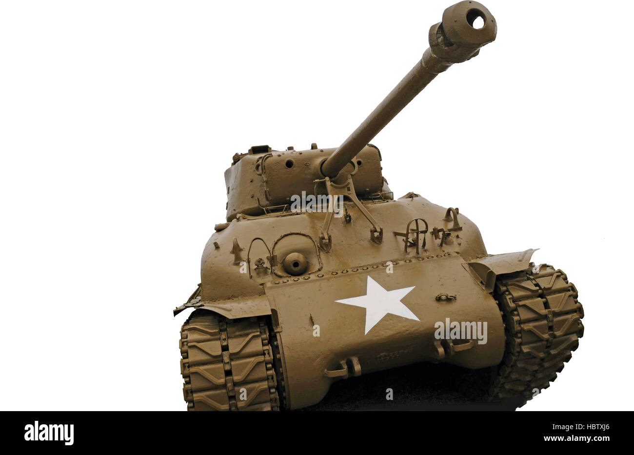 Old U.S. Army WWII battle tank isolated on a white background. Stock Photo