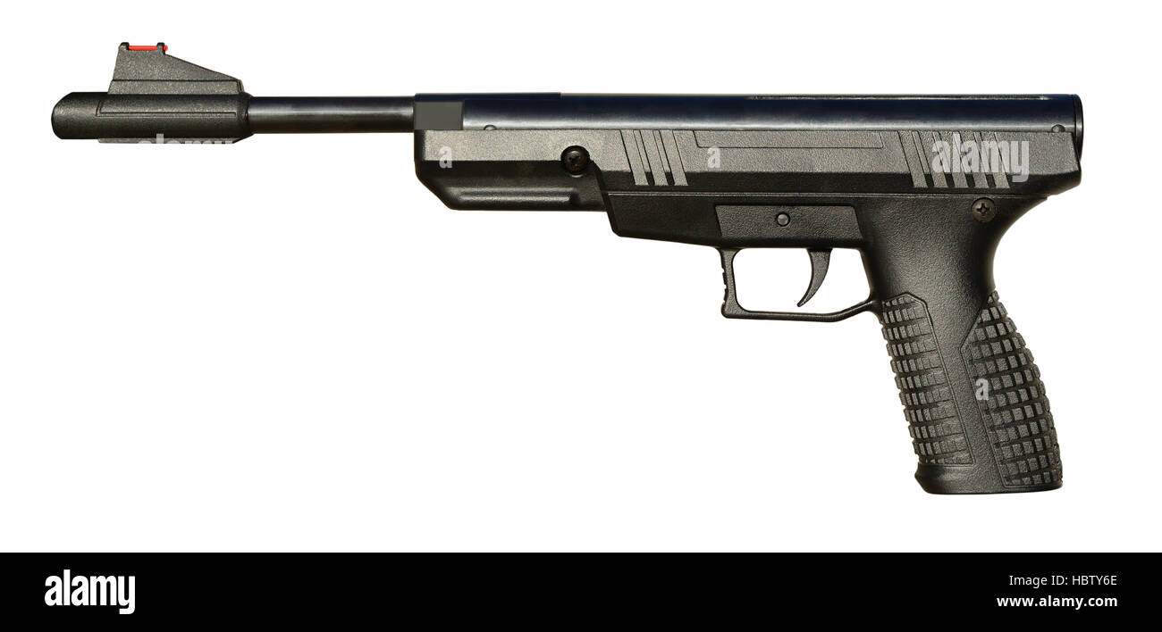 Black air-gun pistol isolated on white background. Stock Photo