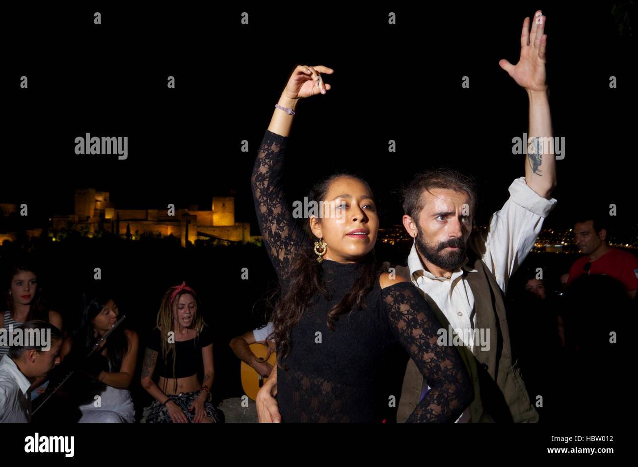 Flamenco dancers perform at Mirador San Nicolas, Granada Spain Stock Photo
