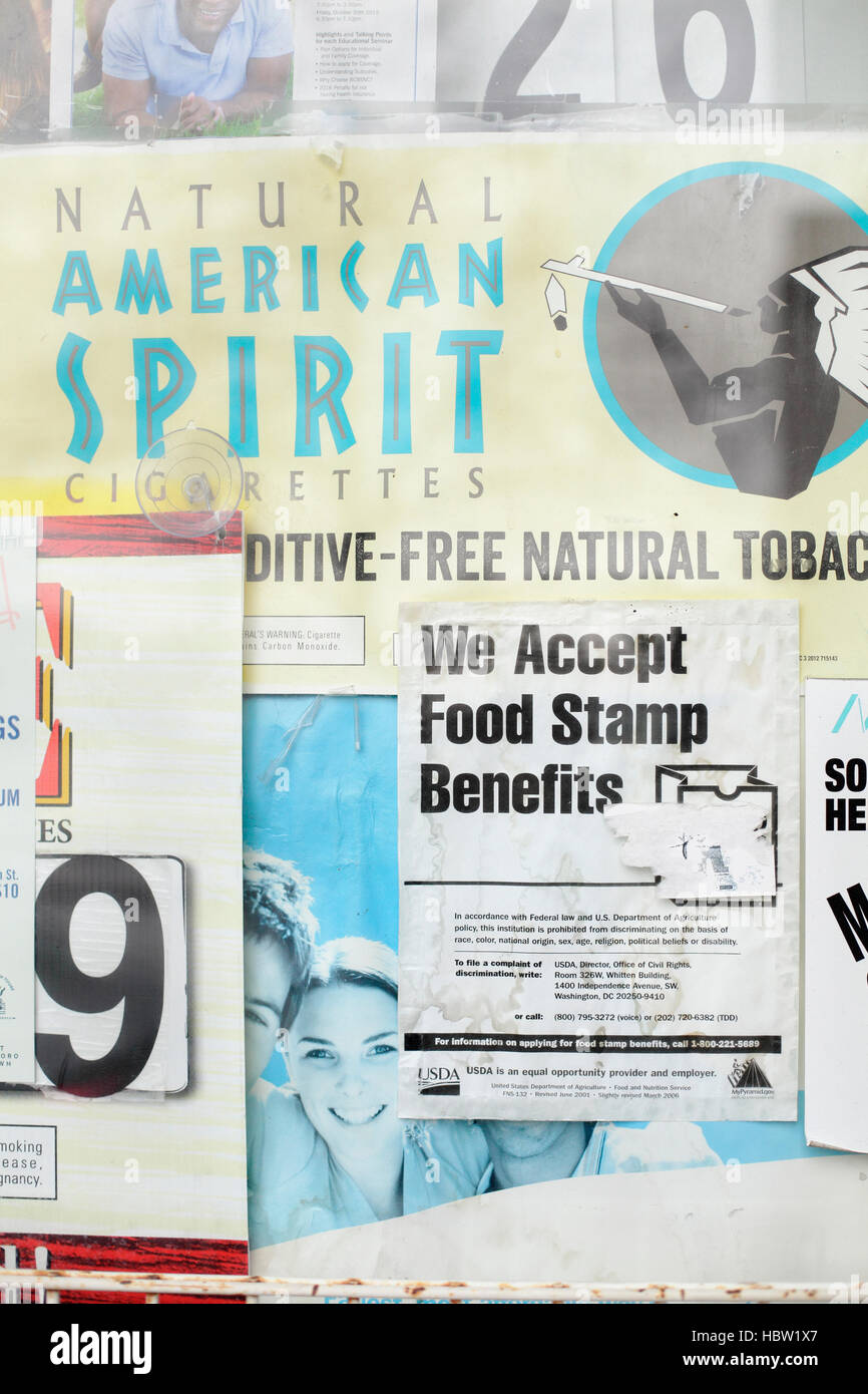 Food stamp sign in window of inner city grocery, North Carolina, USA Stock Photo