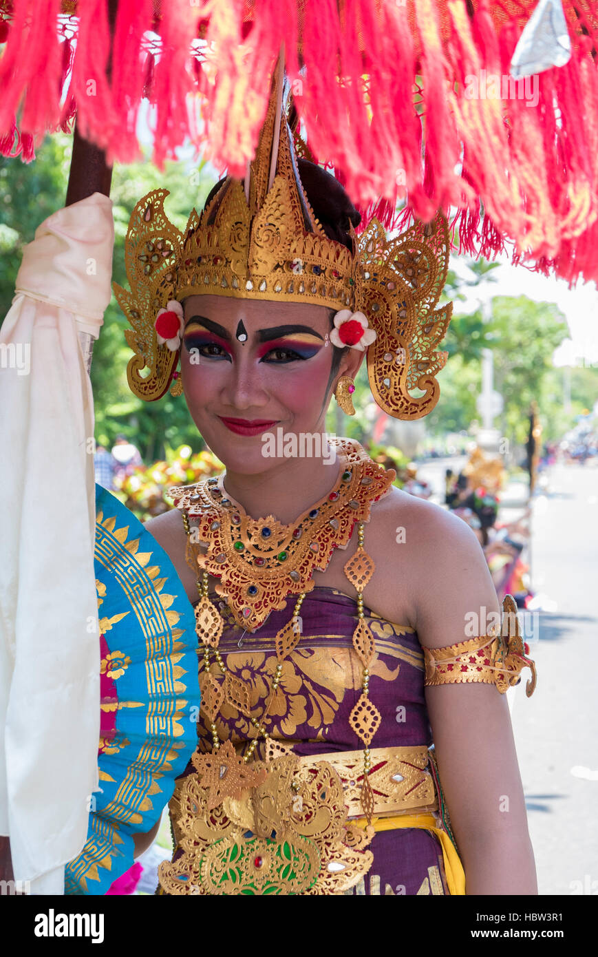 Portrait of woman during Balinese New year ceremony in Bali, Indonesia Stock Photo