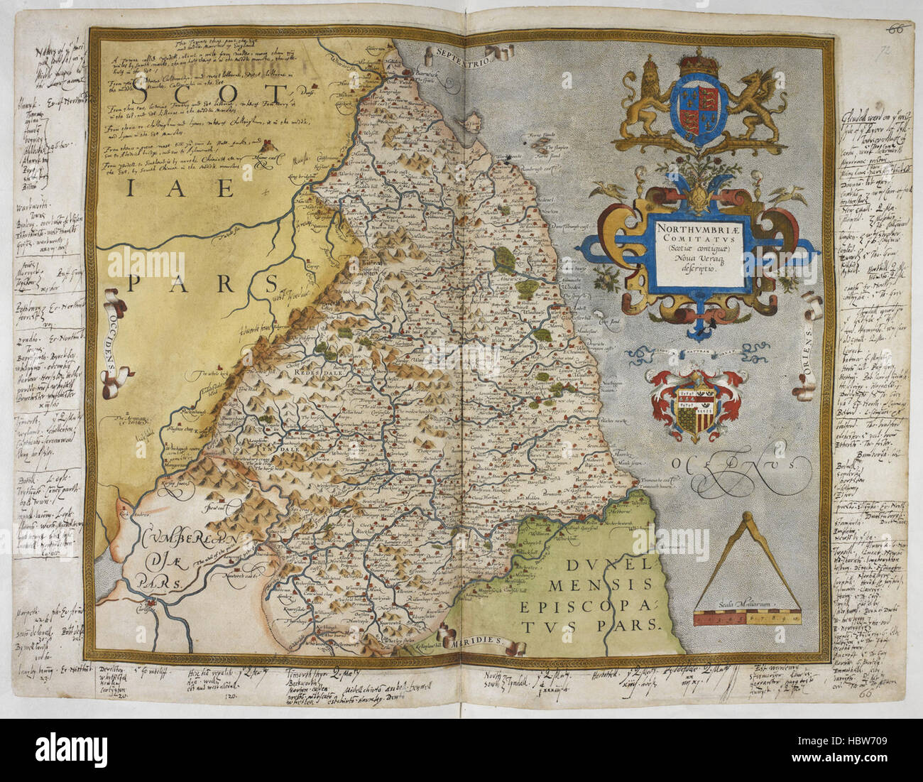 Lord Burghley's Atlas - caption: 'Engraved map of Northumberland, from drawings of Christopher Saxton. Dedicated to Queen Elizabeth I. With annotations in the hand of Lord Burghley.' Lord Burghley's Atlas - caption 'Engraved map of Northumberland, from Stock Photo