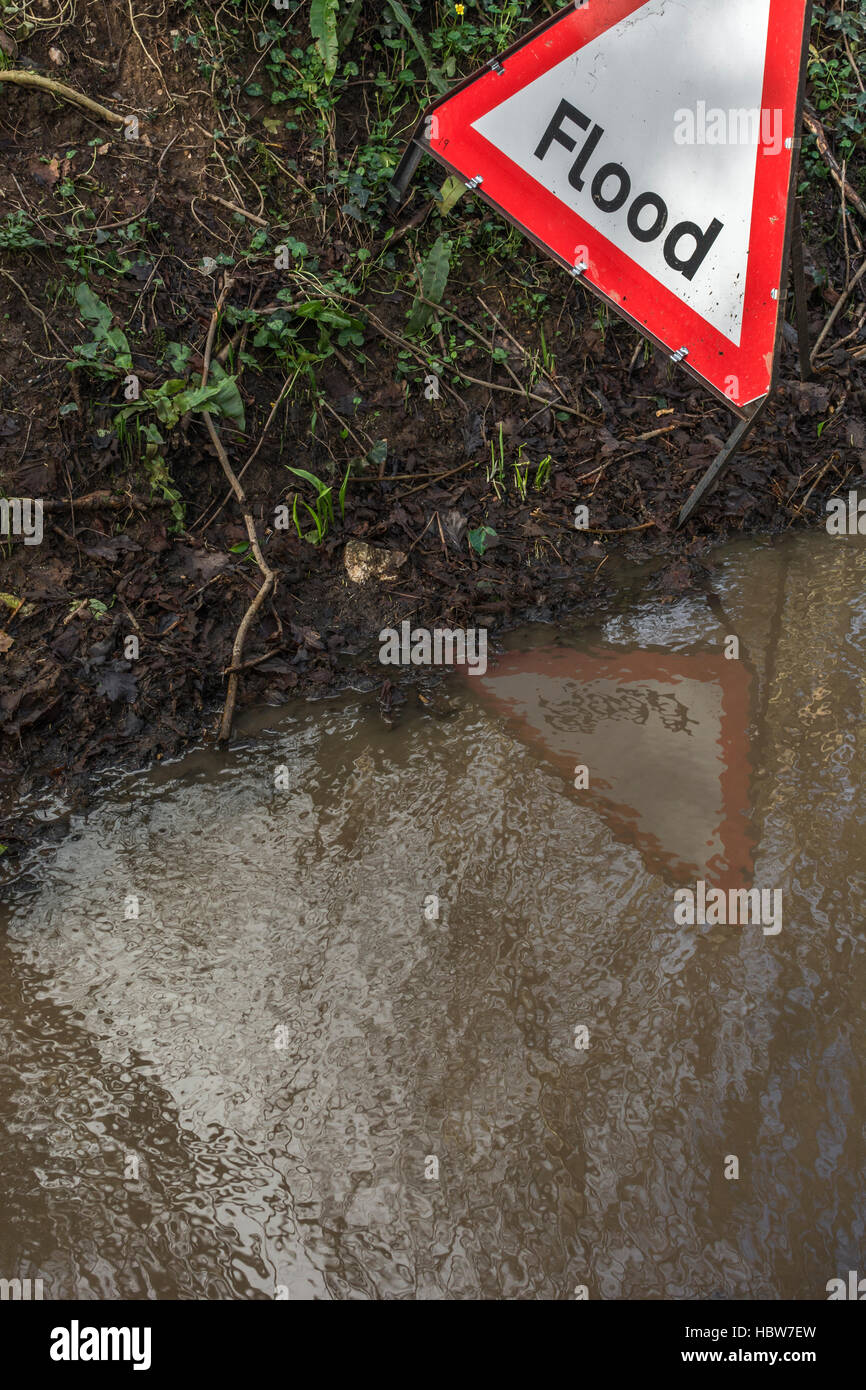 Flooded country lane near the midCornwall town of Lostwithiel