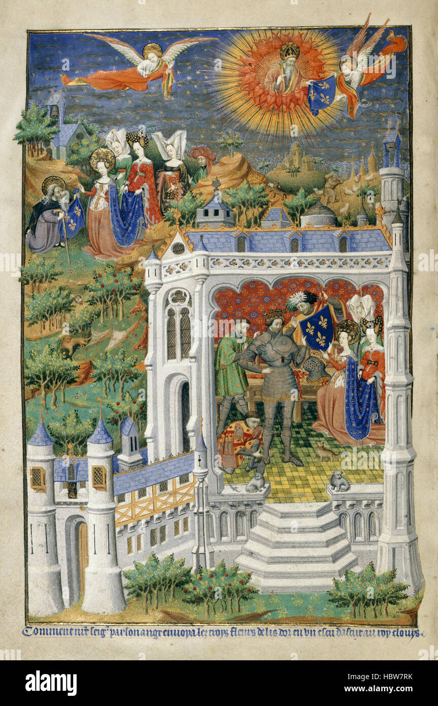 Bedford Hours - caption: 'Legend of the Fleurs de Lys. God dispatches an angel to entrust the fleurs de lys to the hermit of Joyenval, who hands them to Clovis's wife Clothilda. In the foreground she presents them, in the form of a shield, to Clovis, who is newly converted into a Christian knight.' Bedford Hours - caption 'Legend of the Fleurs de Lys Stock Photo