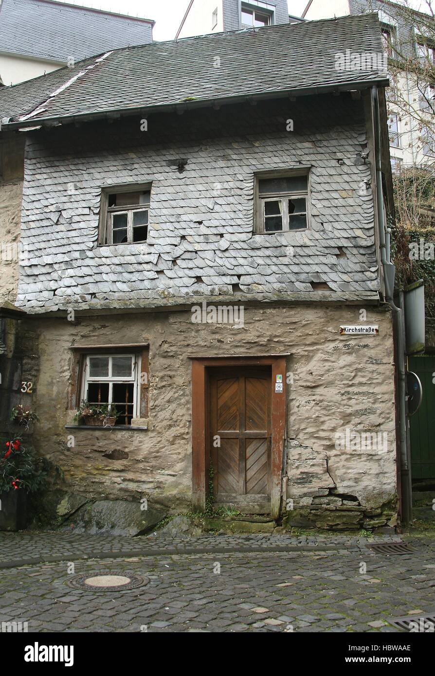 Derelict private house on a cobbled street in the market town of Monschau North Rhine-Westphalia Germany EU 2016 Stock Photo