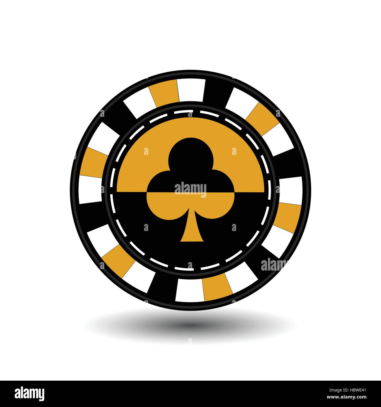 chips for poker yelloy a suit club a yellow black and white dotted line the line. an icon on the white isolated background. illustration eps 10 vector Stock Vector