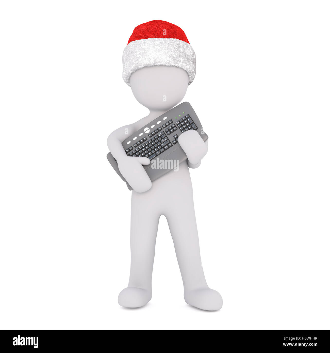 3d man standing clutching a new computer keyboard for Christmas in a red Santa hat, isolated rendered illustration on white Stock Photo