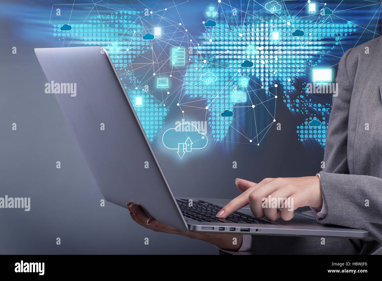 Woman in cloud computing concept Stock Photo - Alamy