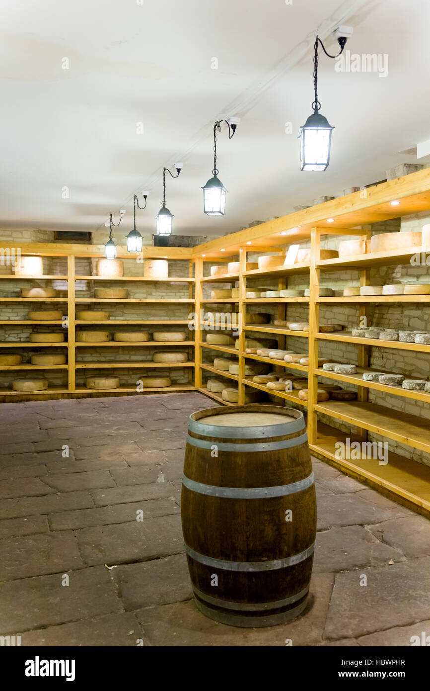 Alsatian Cheese shop / cellar  in the center of Colmar, Alsace, France Stock Photo