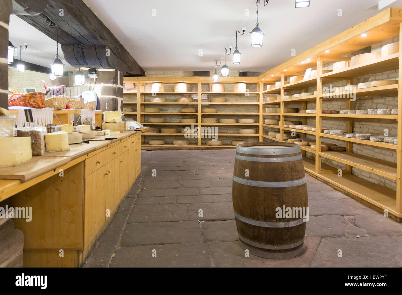 Alsatian Cheese shop / cellar  in the center of Colmar, Alsace, France Stock Photo