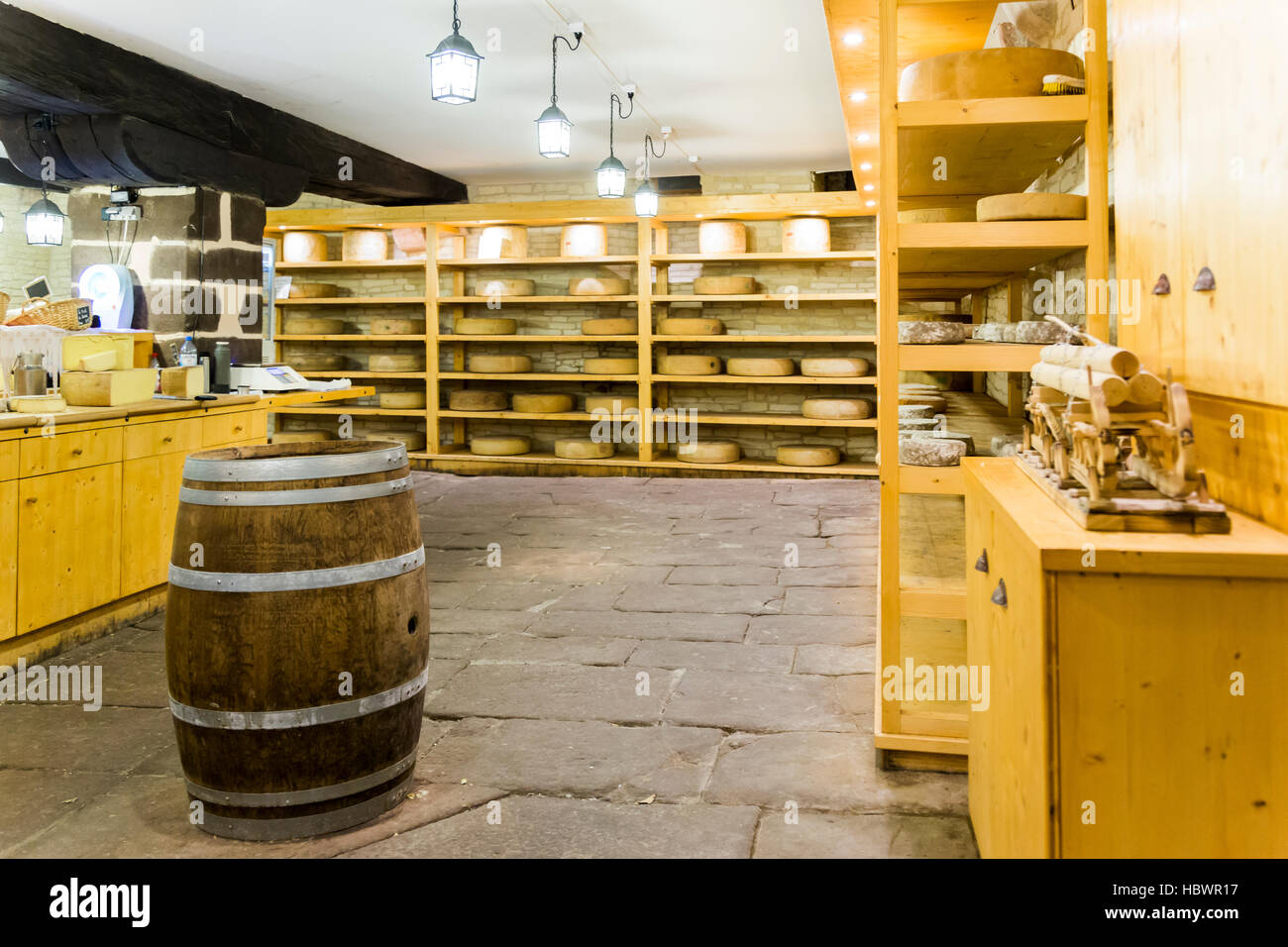 Alsatian Cheese shop / cellar in the center of Colmar, Alsace, France Stock Photo