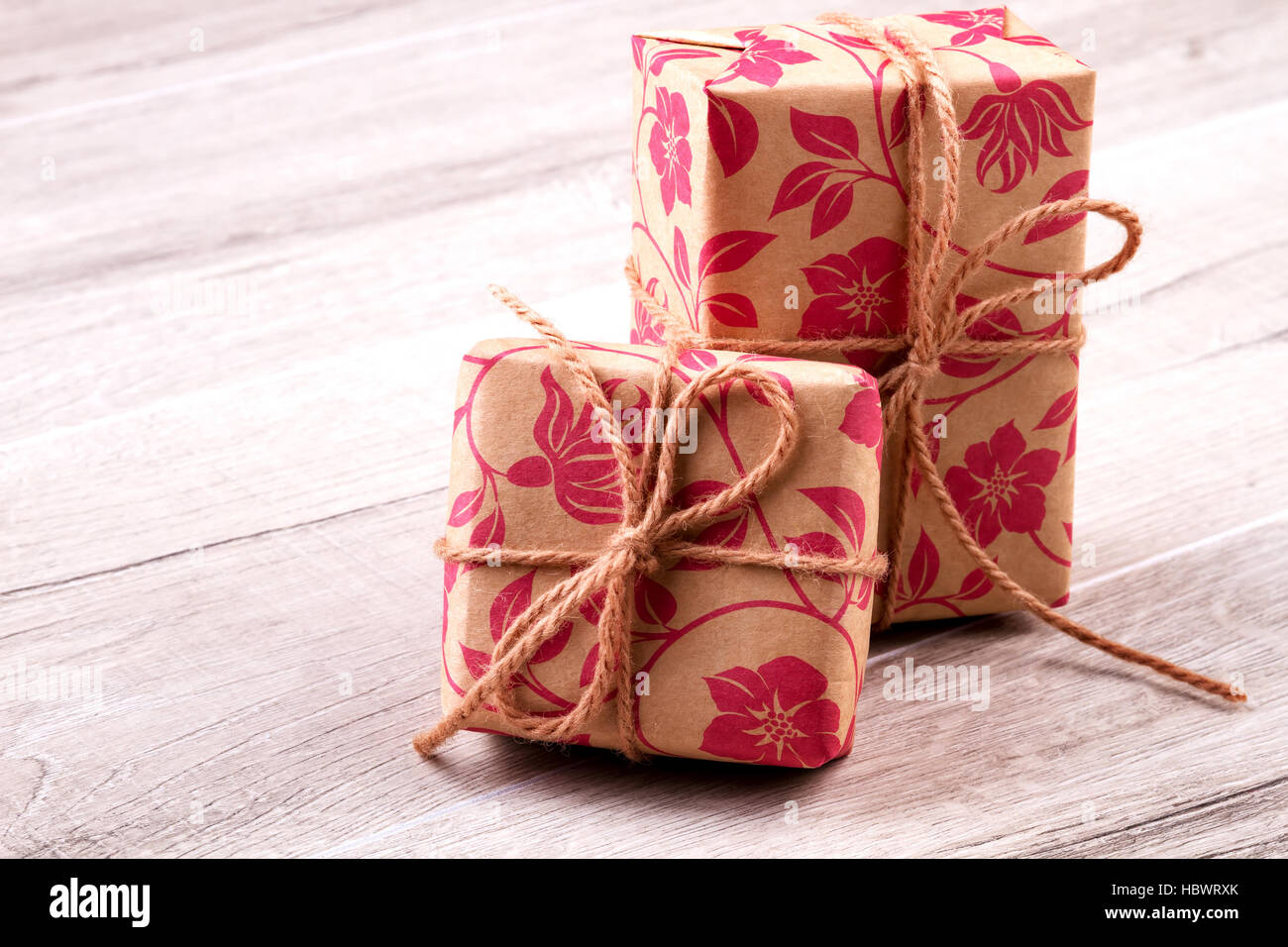 Boxes wrapped in gift paper. Stock Photo