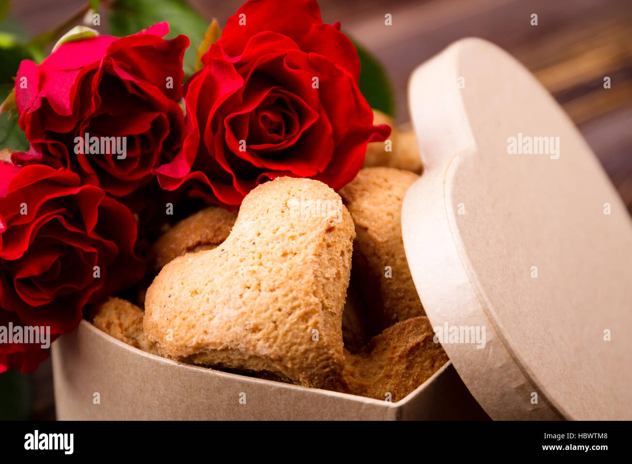 Box with heart-shaped cookies. Stock Photo