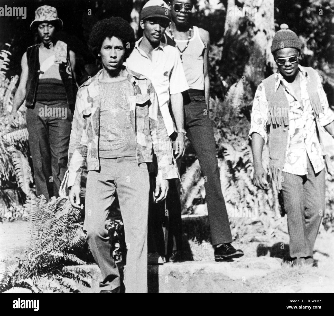 Bob Marley and the Wailers; (l-r) Bunny Wailer, Bob Marley, Carlton Barrett, Peter Tosh, Aston Barrett, 1972 Stock Photo