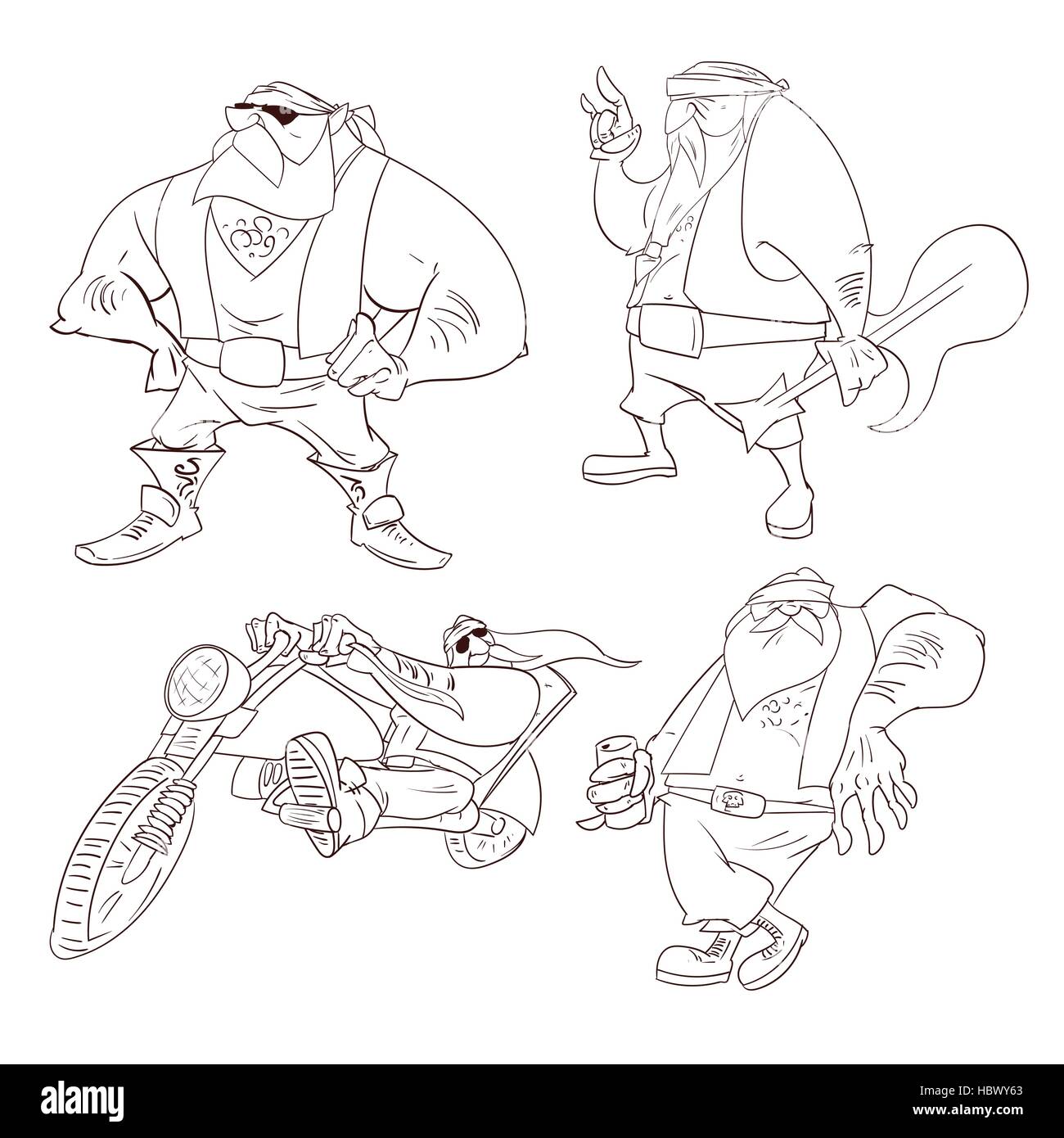 Line drawings vector illustration of a cartoon rocker, biker or gang member Stock Vector