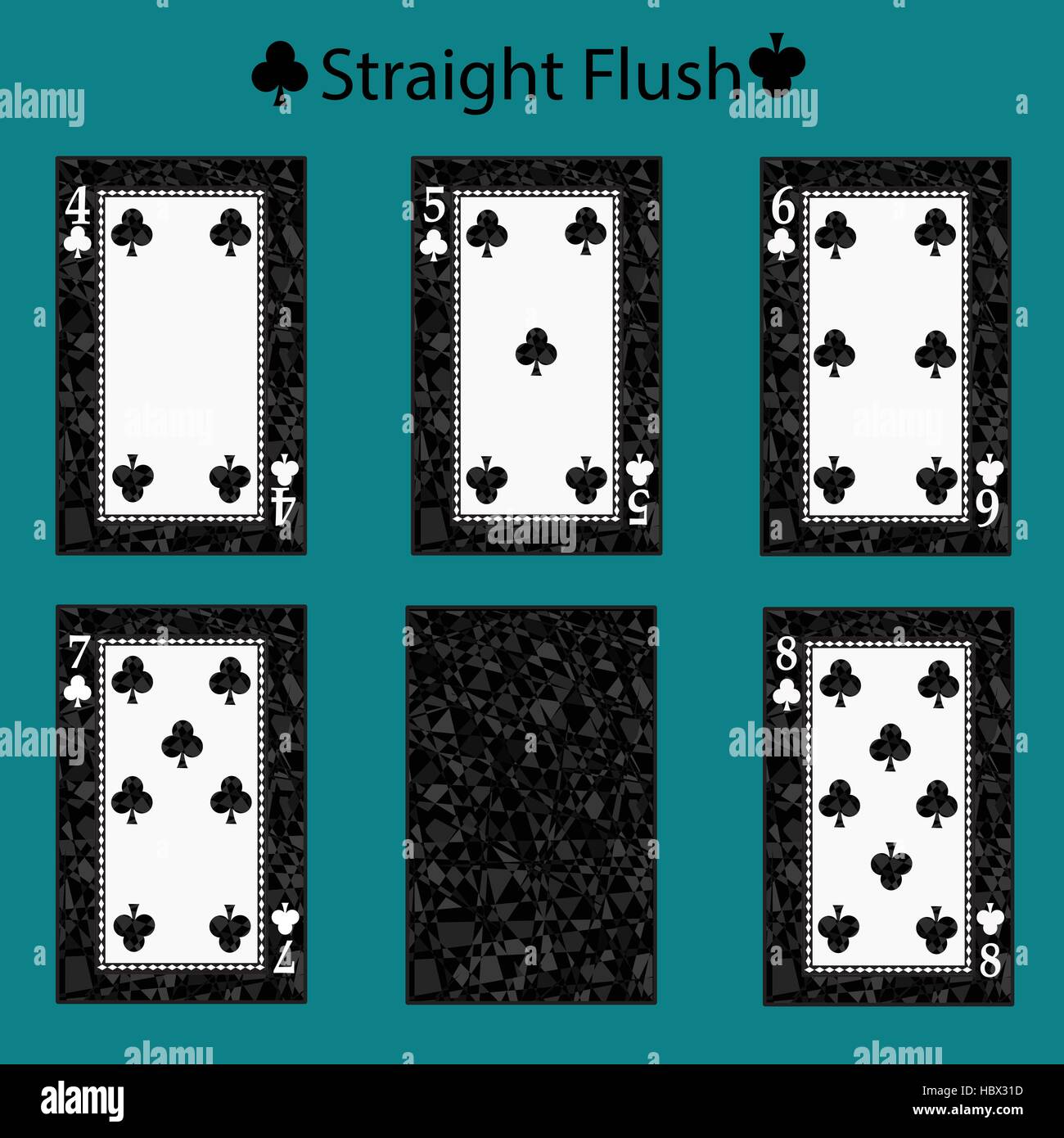straight flush playing card poker combination. vector illustration eps 10. On a green background. To use for design, registration, the websites, dress Stock Vector