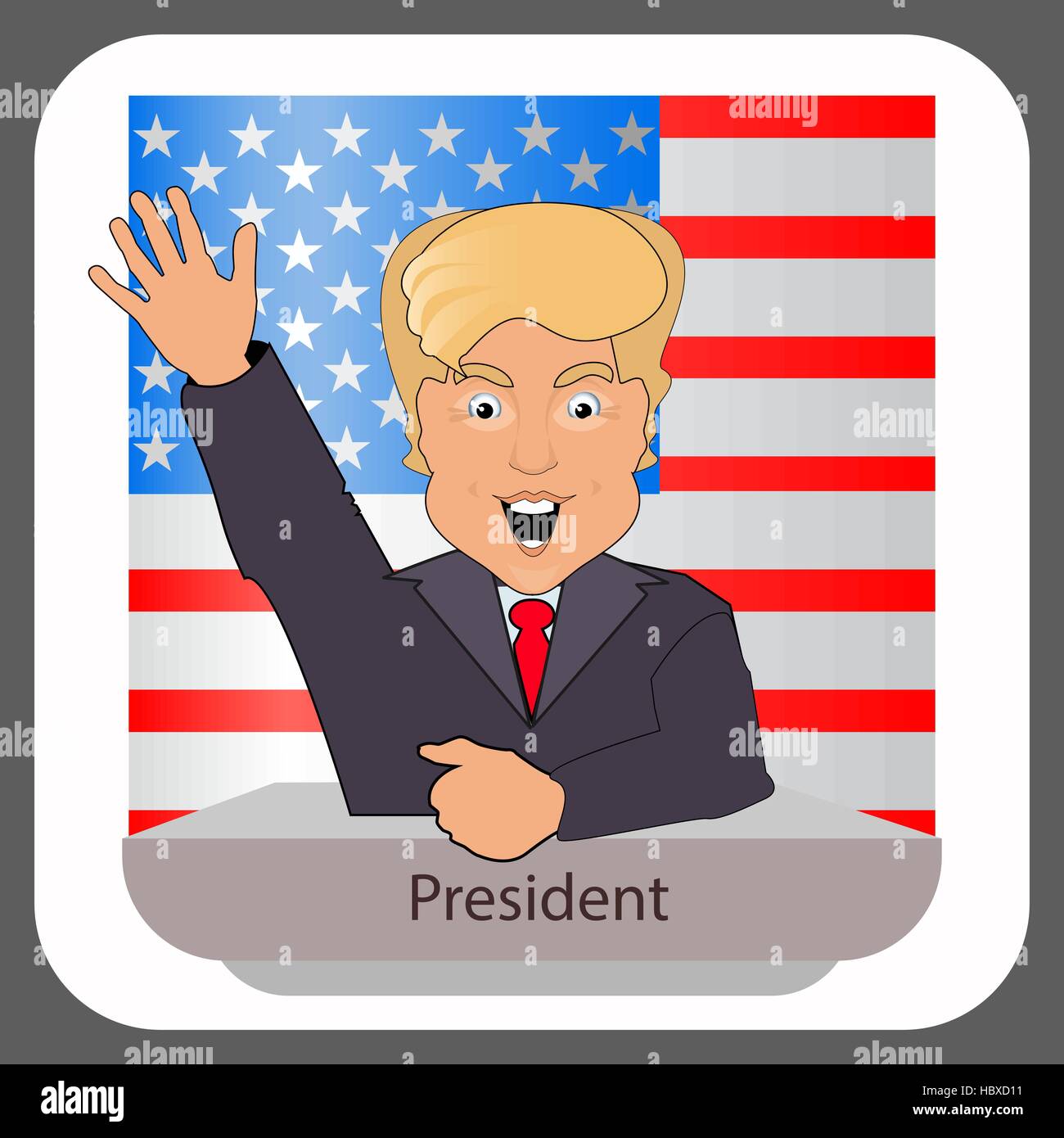 donald trump president smile hand up elections of 2016. Presidential chair. Fight success. Against the background of the American flag behind the back Stock Vector