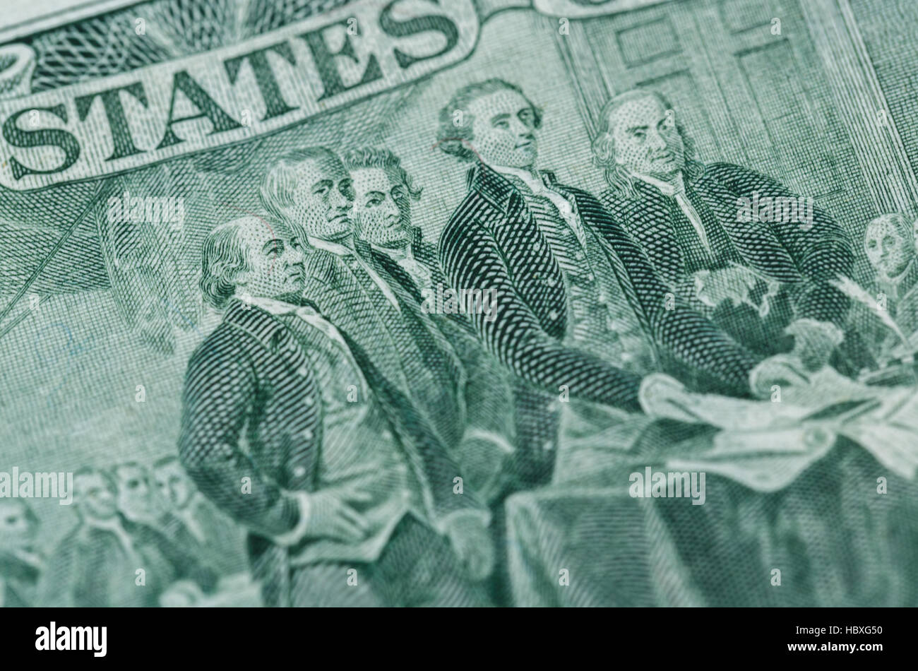 Signing declaration of independence from us two dollar bill macro, united states money closeup Stock Photo
