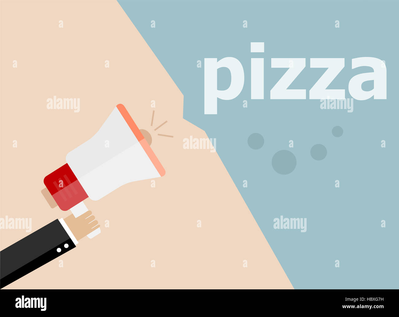 Pizza. Hand holding a megaphone. flat style Stock Photo