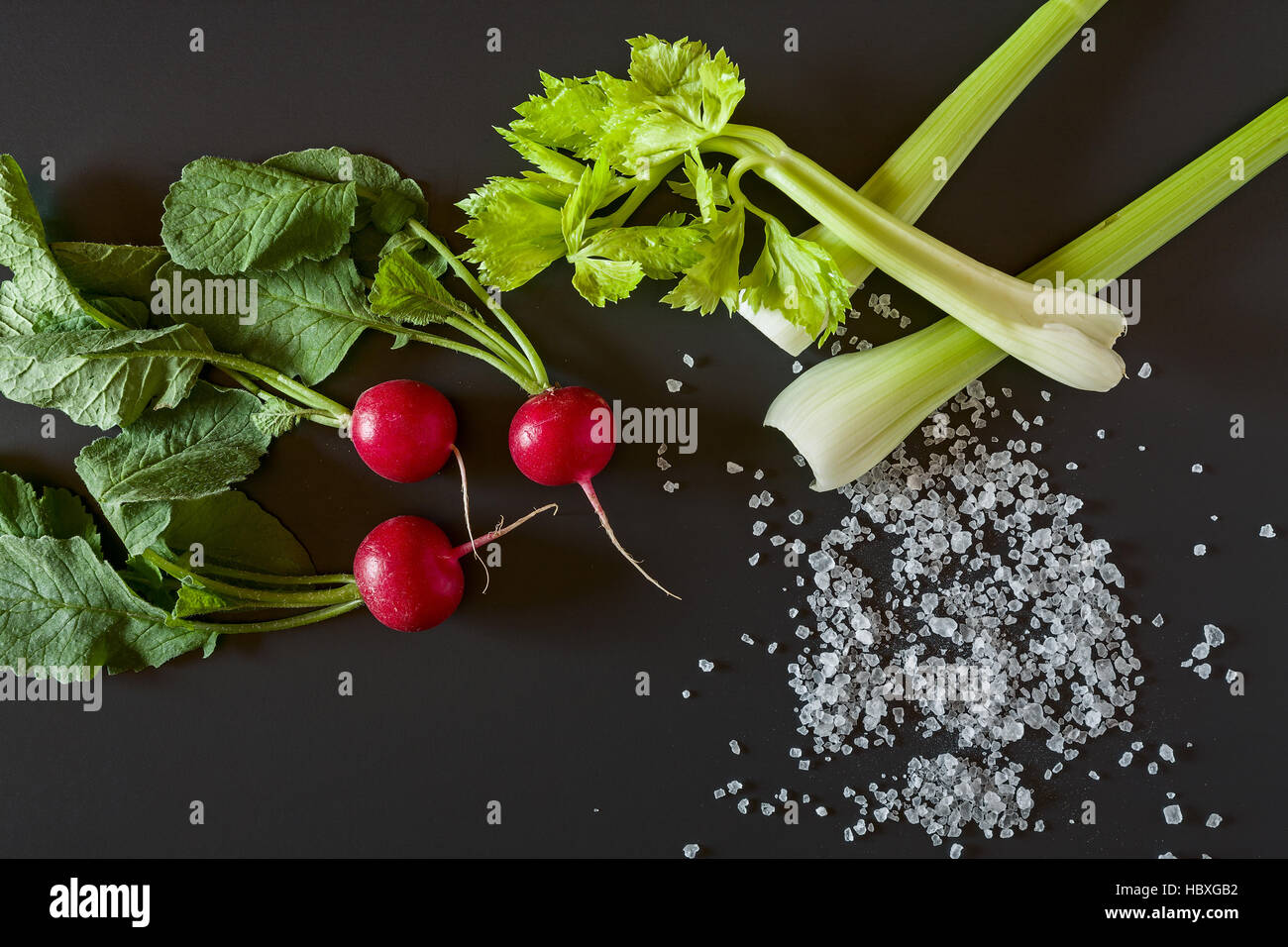 Fresh radish, celery and salt Stock Photo