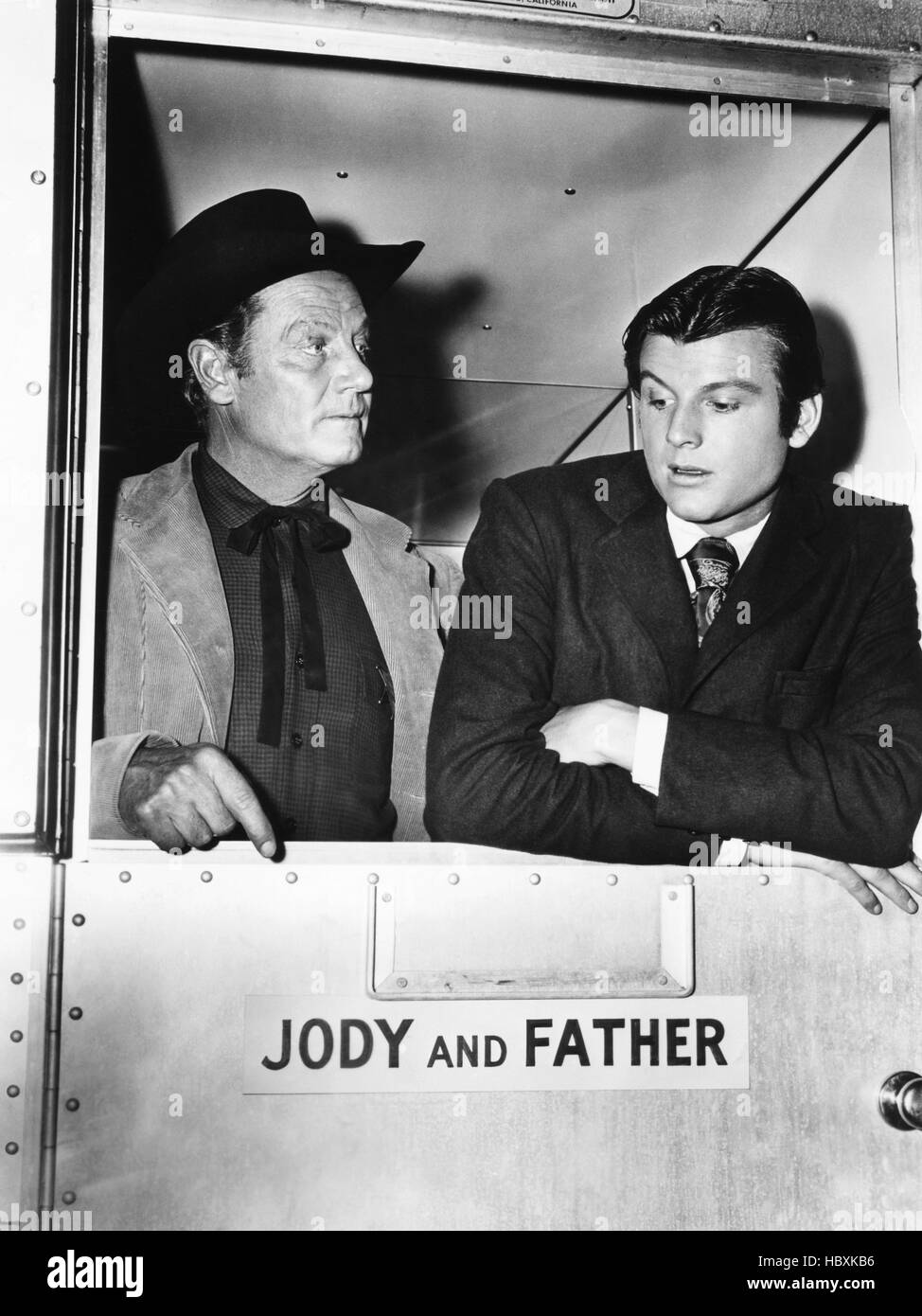 GUNSIGHT RIDGE, from left Joel McCrea and son Jody McCrea, on set