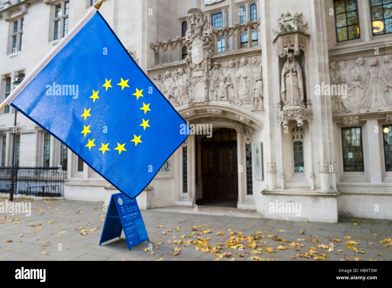 European Union flag flying in front of The Supreme Court of the United Kingdom in the public Middlesex Guildhall building Stock Photo