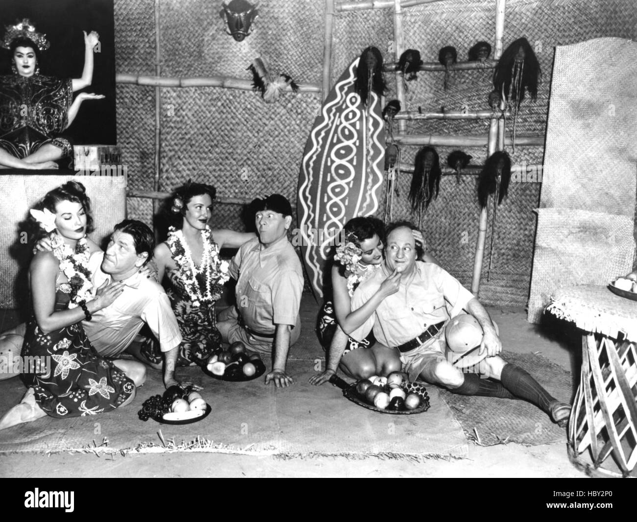 HULA-LA-LA, first, third, fifth and seventh from left: Lei Aloha, Shemp Howard, Moe Howard, Larry Fine, [The Three Stooges], Stock Photo