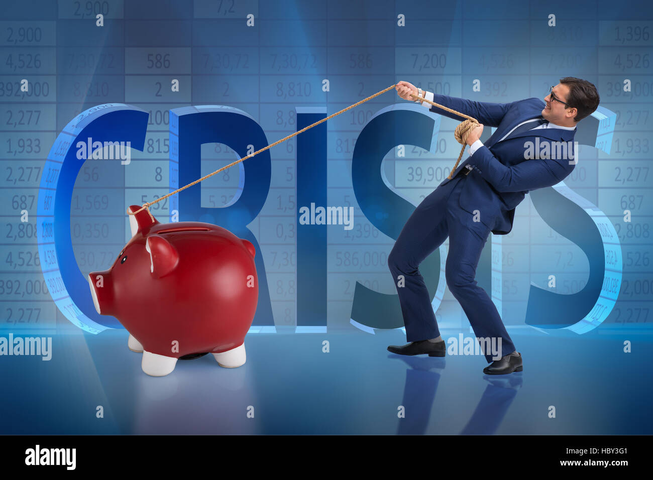 Businessman pulling piggybank with rope Stock Photo - Alamy