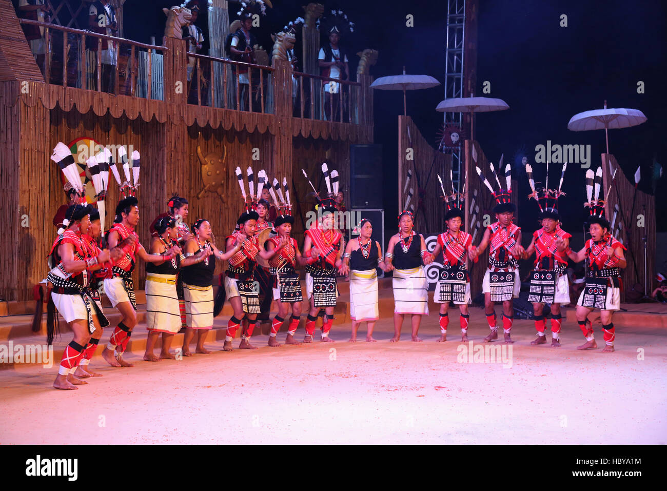 A dance performance of Rengma tribe from Nagaland in India performing Ngada Dance . Ajmer Tribal Festival, Rajasthan, India Stock Photo