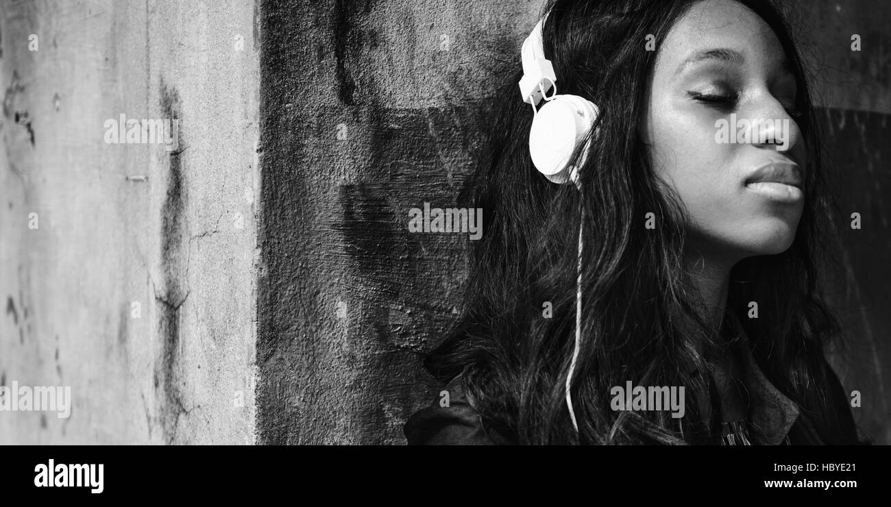 African Woman Listening Music Media Entertainment Relaxation Concept Stock Photo