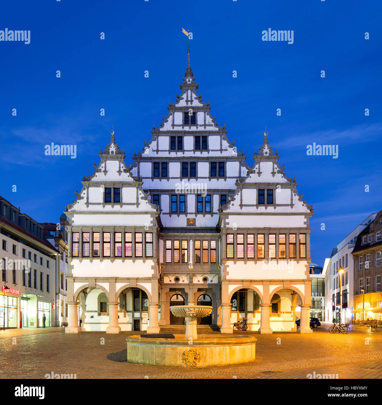 City hall at dusk, Weser Renaissance, Paderborn, North Rhine-Westphalia, Germany Stock Photo