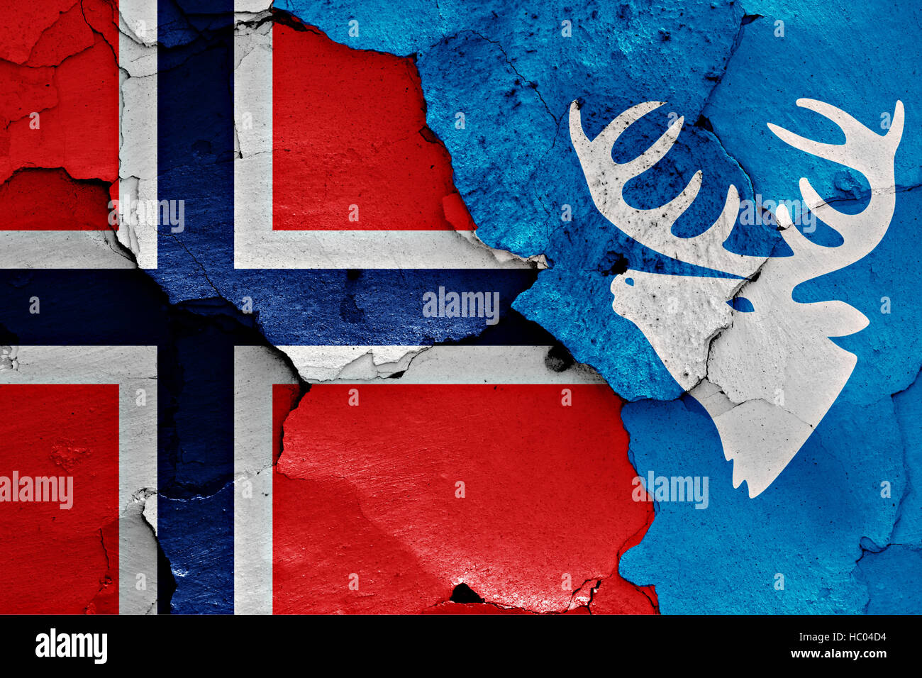 flags of Norway and Hitra painted on cracked wall Stock Photo