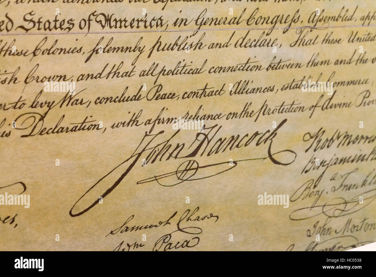 John Hancock signature as shown on the engrossed copy of the US Declaration of Independence Stock Photo