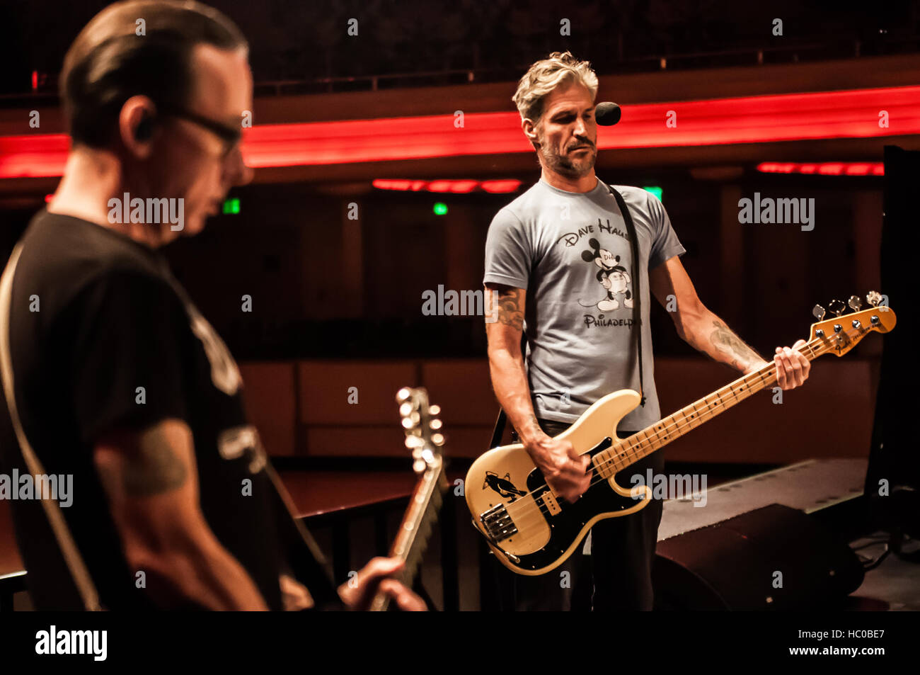 Jay Bentley and Brian Baker of Bad Religion at Soundcheck in Los Angeles at The Hollywood Palladium on the Vox Populi tour, 4th November 2016. Stock Photo