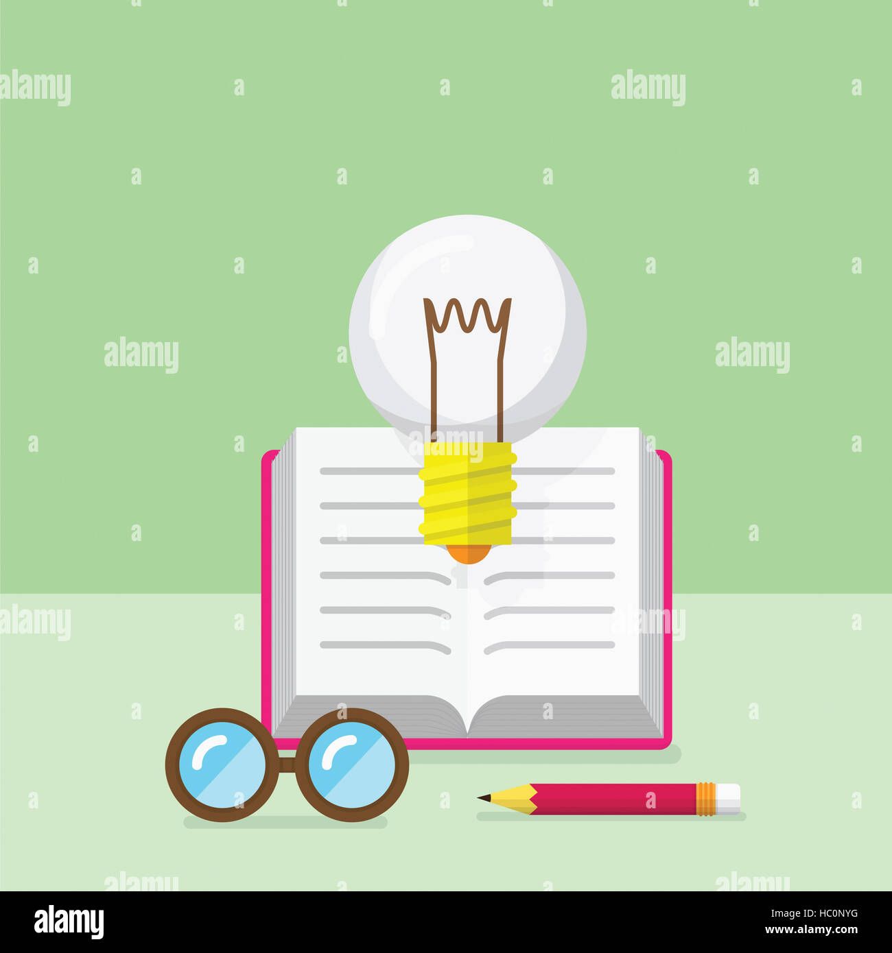 Icons of light bulb, book, pencil and glasses Stock Photo Alamy